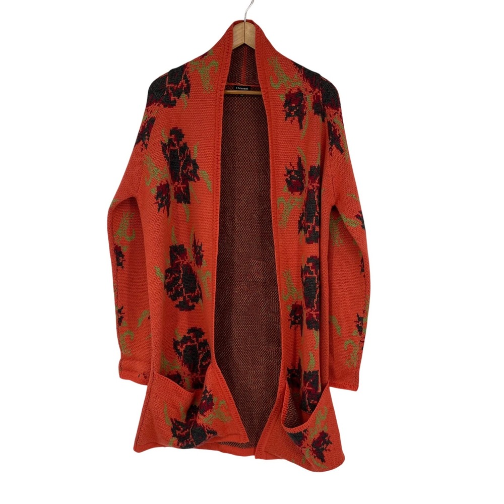 J Peterman Orange Floral Knit Cardigan Sweater Women Size M Long Sleeve Pockets‎